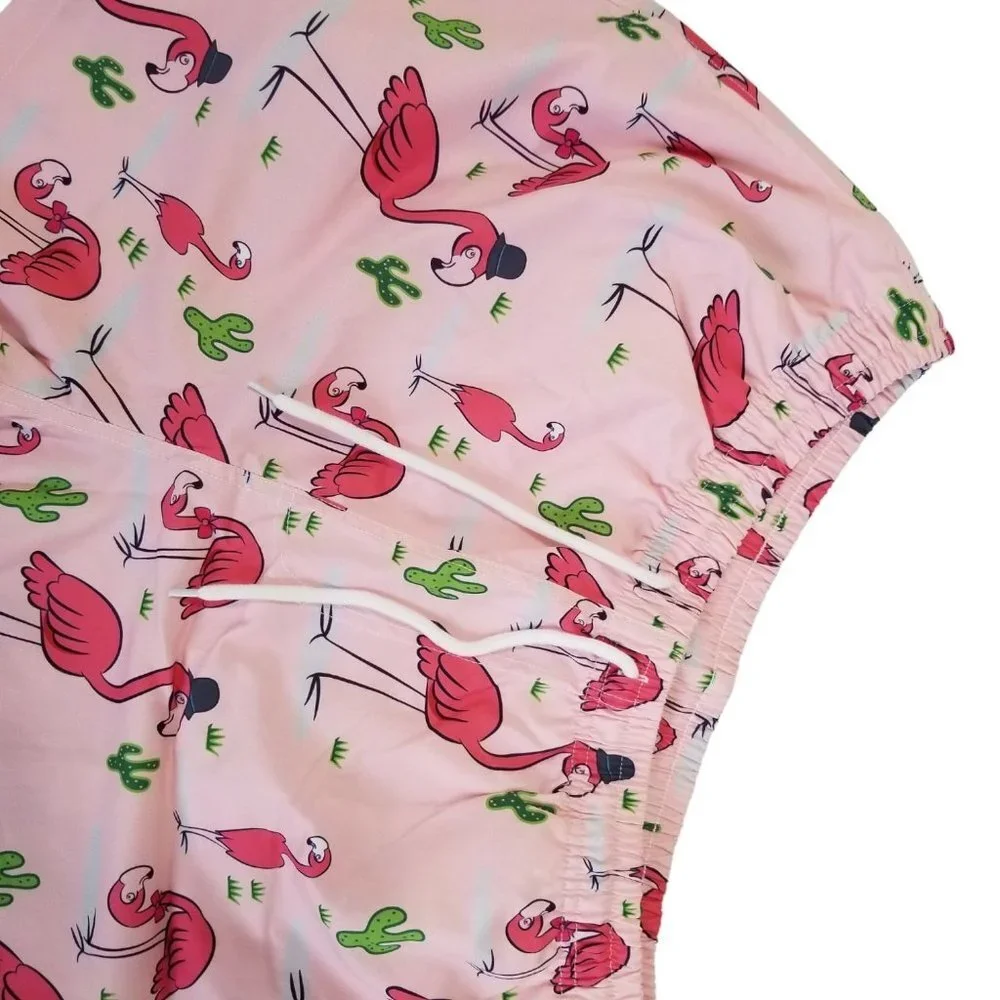 NEW SHEIN Men Flamingo Print Drawstring‎ Waist Swim Trunks SIze L Color Pink